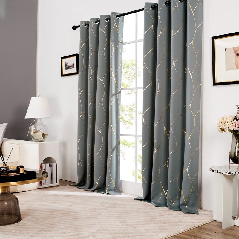 Deconovo Silver or Gold Wave Print Blackout Curtains - Thermal Insulated & Noise‑Reducing Grommet Drapes for Bedroom & Living Room，Light Grey/Line，52W x 84L，2 Panels - Image 3